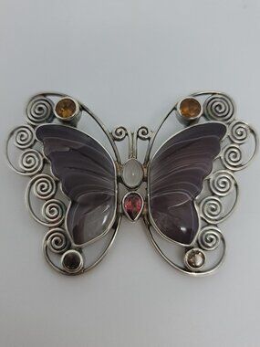 Agate, Moonstone, Citrine, Garnet, Quartz & Sterling Butterfly Pendant/Brooch